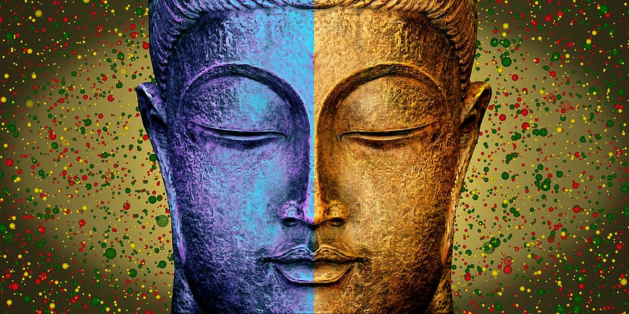 buddha, yellow, blue, multi colored, art and craft, close-up