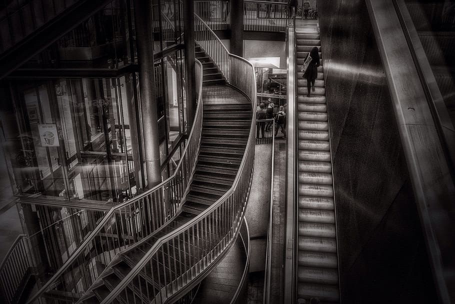 stairs, gradually, architecture, black, down, up, building HD wallpaper