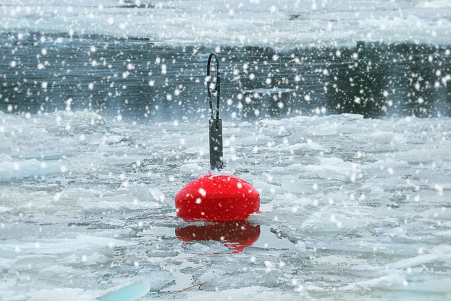 buoy, red, sea, winter, ice, snow rain, thaw, sludge, sula, HD wallpaper