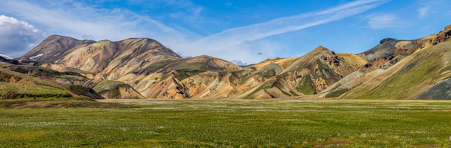 green grass under brown mountain hill during daytime, photo of mountain and blue sky HD wallpaper
