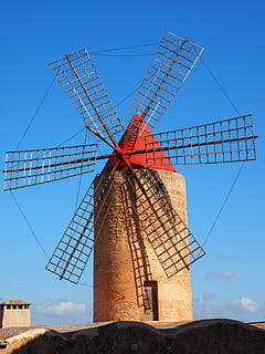 brown windmill at daytime, wind power, algaida, mallorca, landmark HD wallpaper