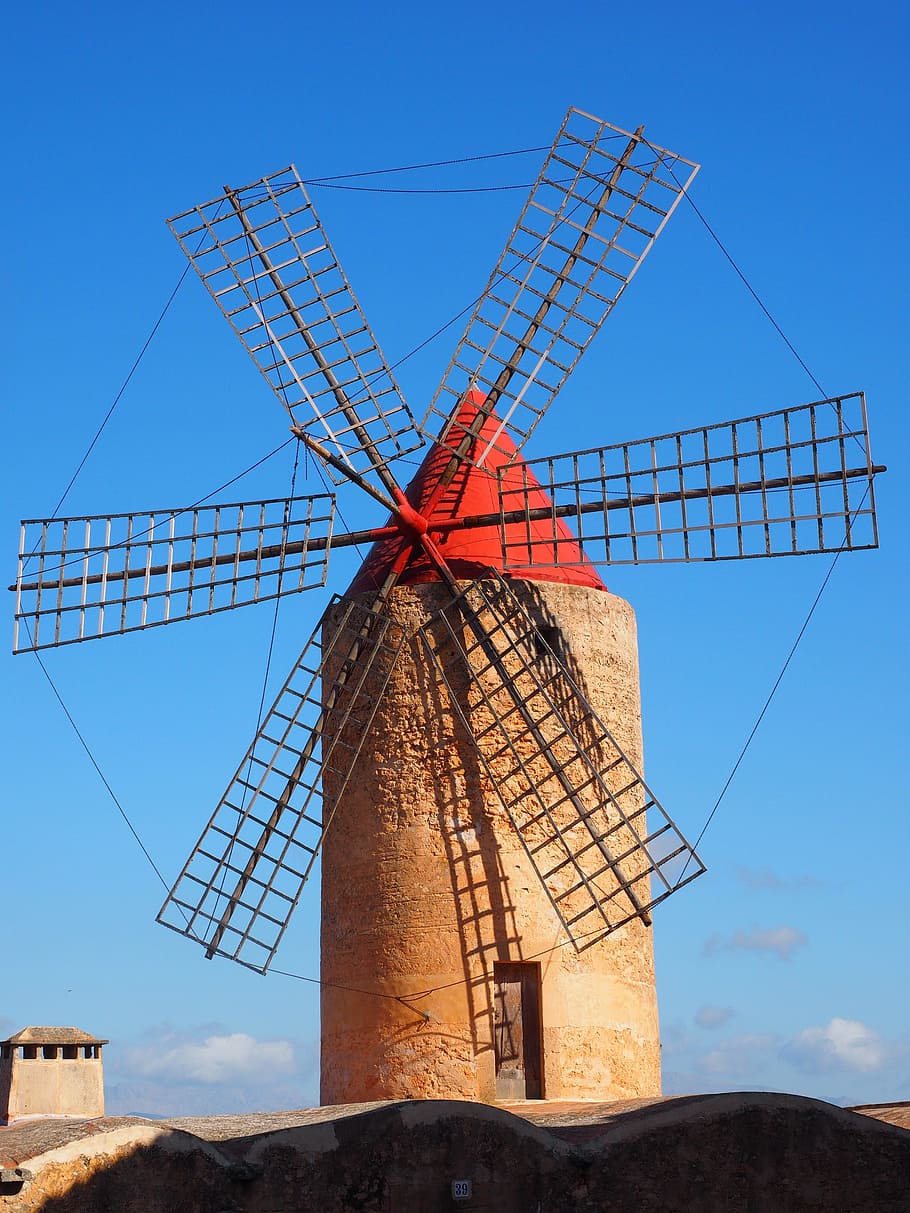 brown windmill at daytime, wind power, algaida, mallorca, landmark HD wallpaper