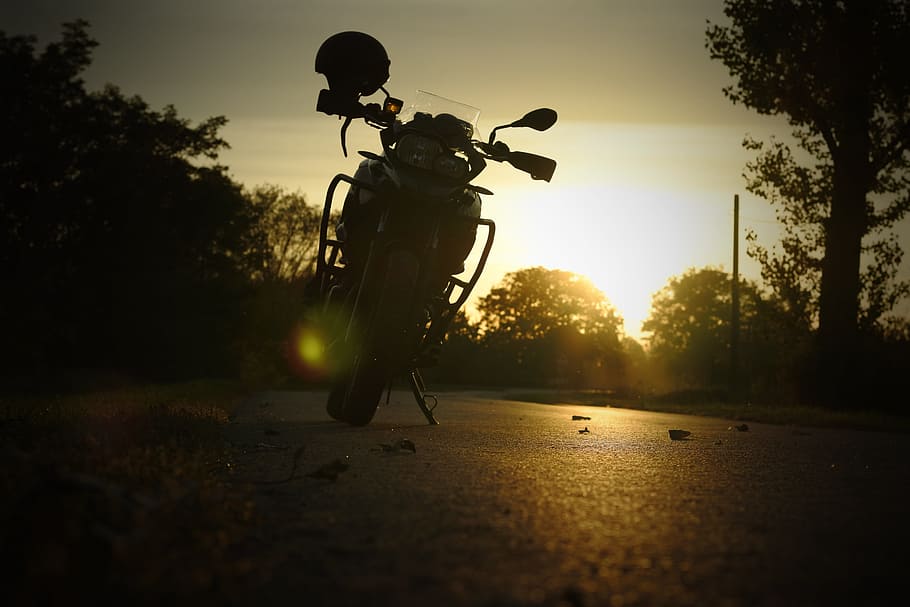 motorcycle, bmw, f700gs, sky, sunset, nature, silhouette, tree, HD wallpaper