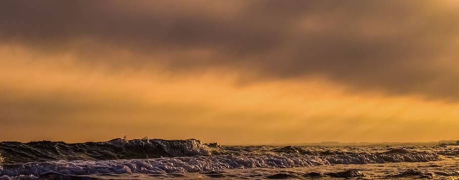 Waves, Sea, Clouds, Sunset, sky, afternoon, nature, seascape HD wallpaper