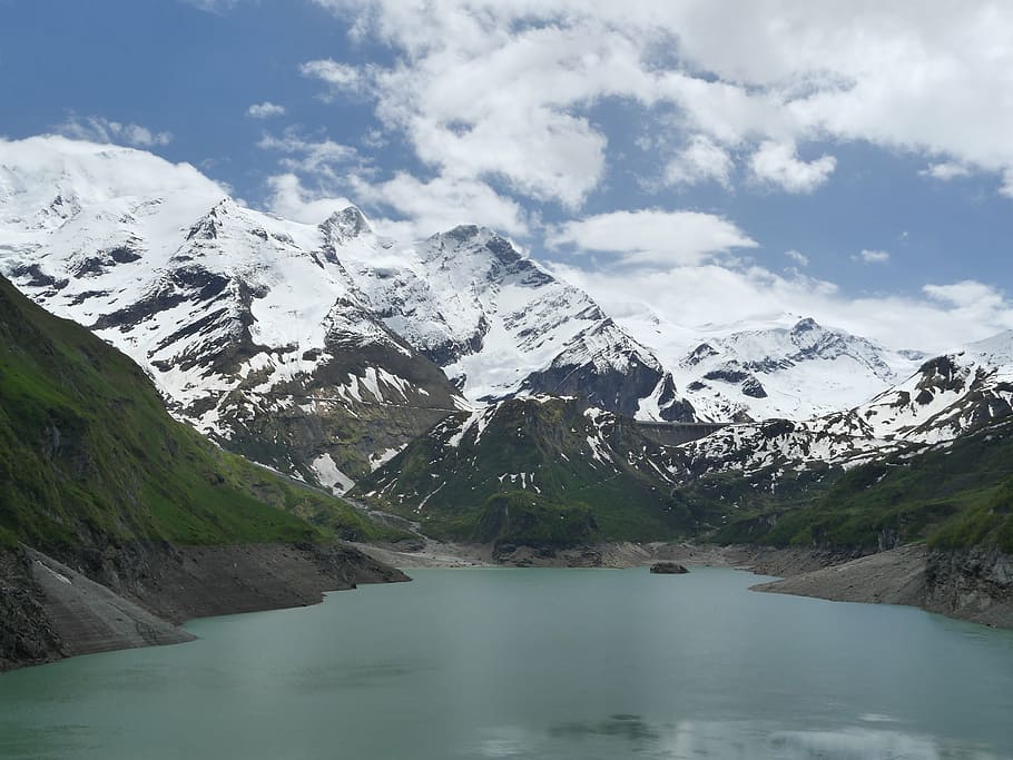 austria, reservoir, kaprun, water, mountains, clouds, nature, HD wallpaper