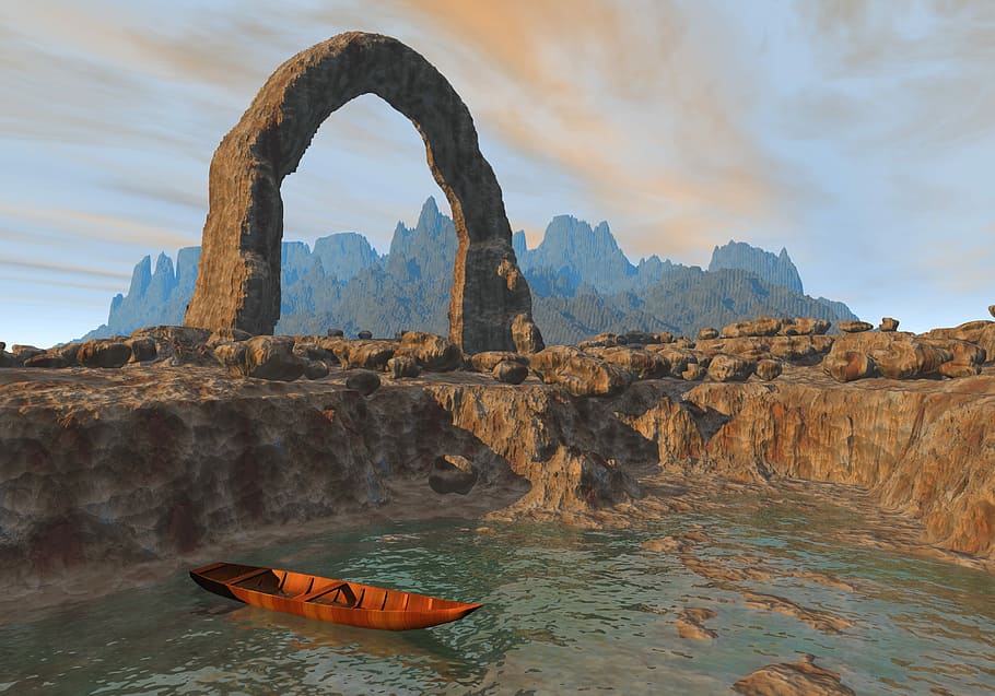 boat near cliff digital wallpaper, computer generated, virtual HD wallpaper