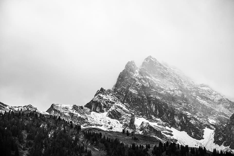 top view of snowy mountain, grayscale photography of mountain with snow HD wallpaper