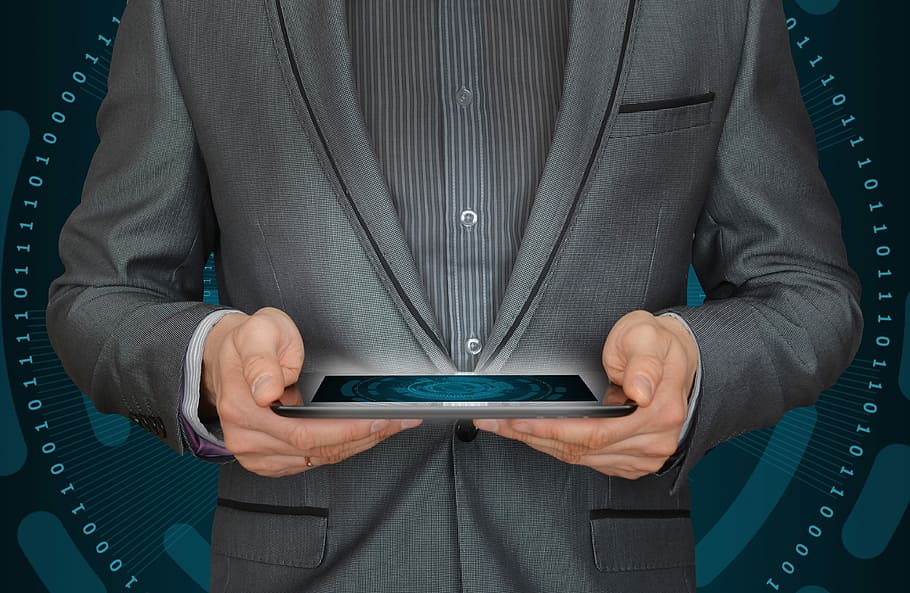 man holding table computer illustration, business, technology HD wallpaper