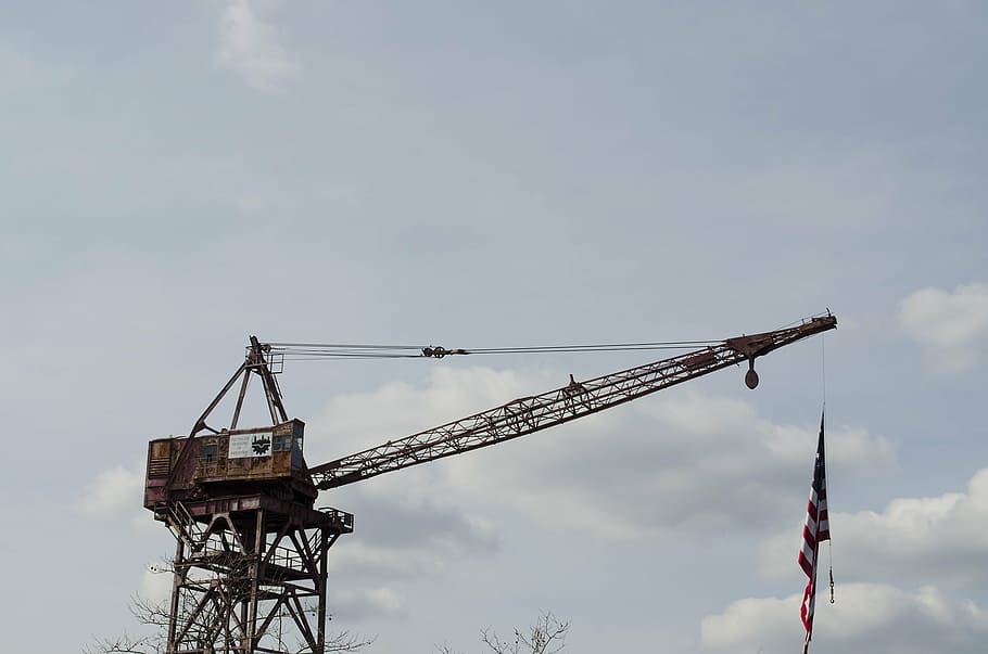 crane, baltimore, flag, machine, heavy equipment, machinery HD wallpaper