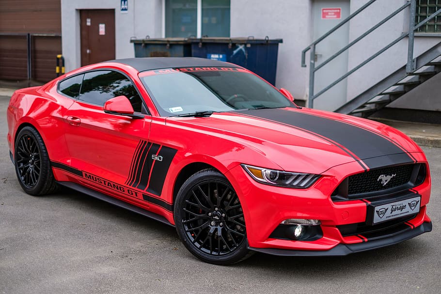 Hd Wallpaper Red And Black Ford Mustang Gt 5 0 Coupe Parked Near Gray Building Wallpaper Flare