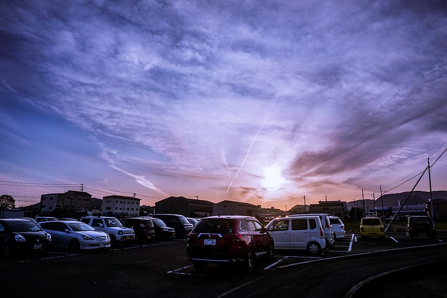 Japan, Dusk, Takamatsu, sky, at dusk, car, sunset, street, traffic, HD wallpaper