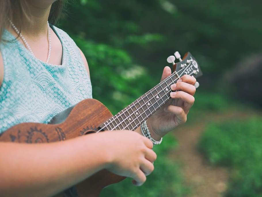 woman playing ukulele outdoors, people, girl, musical, instrument