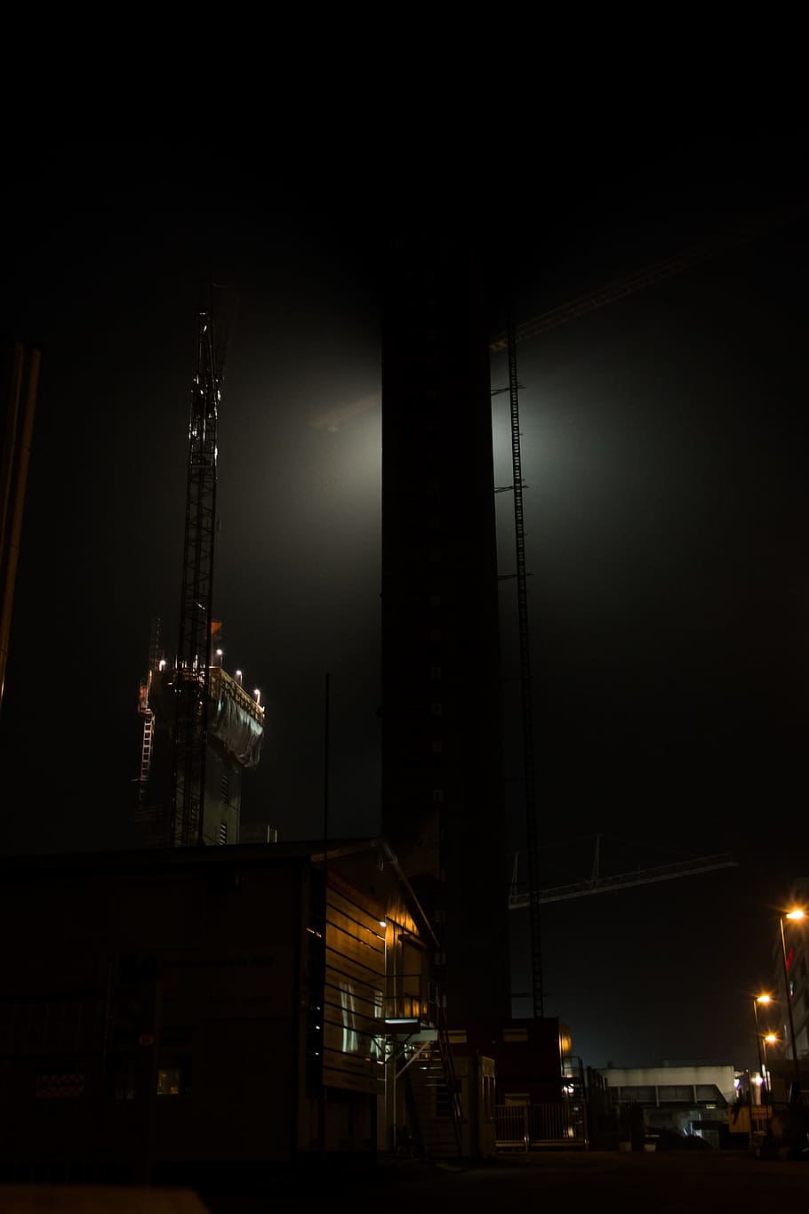 Night, Construction Site, light, tower, crane, work, illuminated, HD wallpaper