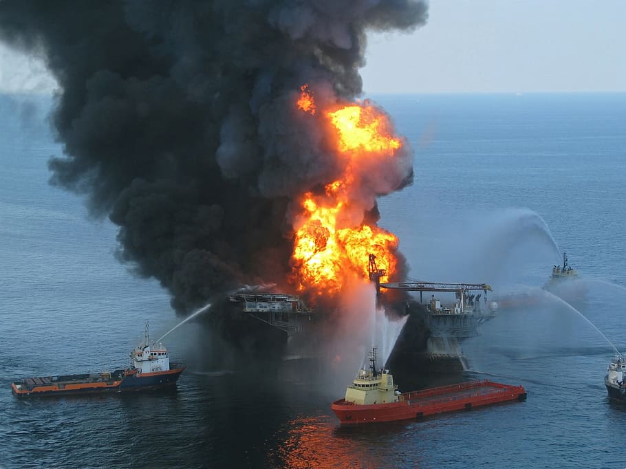 fire on ship, oil rig explosion, disaster, flames, smoke, firefighters