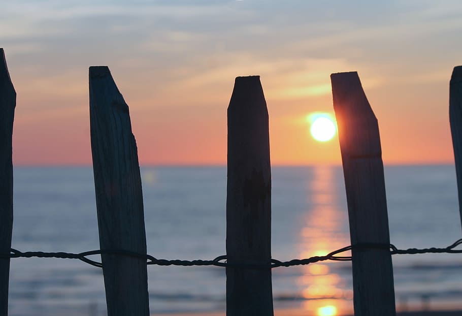 Evening, Sea, Horizon, Sunset, Fence, dune, beach, abendstimmung HD wallpaper