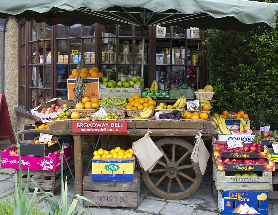 fruiterer's handcart, apples, oranges, bananas, melons, tangerines, HD wallpaper