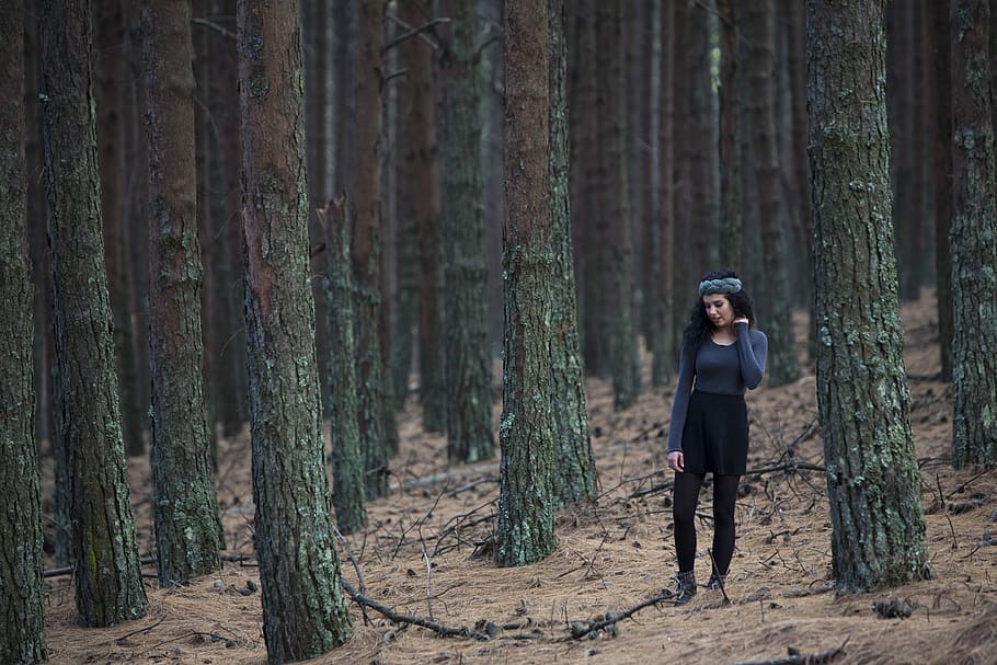 woman standing between trees during daytime, woman standing beside trees HD wallpaper