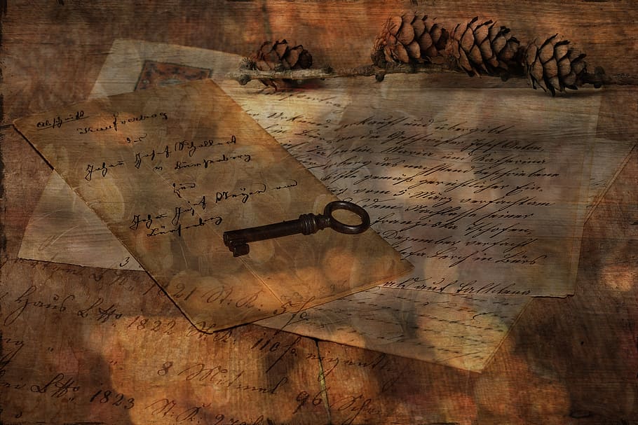 black skeleton key on top of paper envelope, letters, old, antique, HD wallpaper