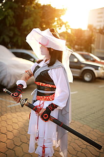 woman wearing white and red cosplay, ninja, hero, samurai, warrior HD wallpaper