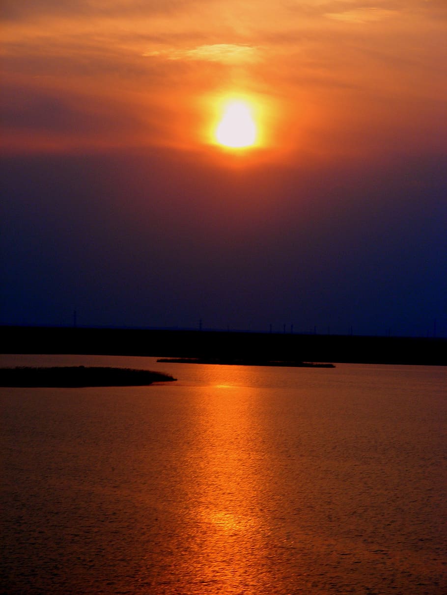 sunset, lake, reflection, sky, red, beauty, evening, orange sky HD wallpaper