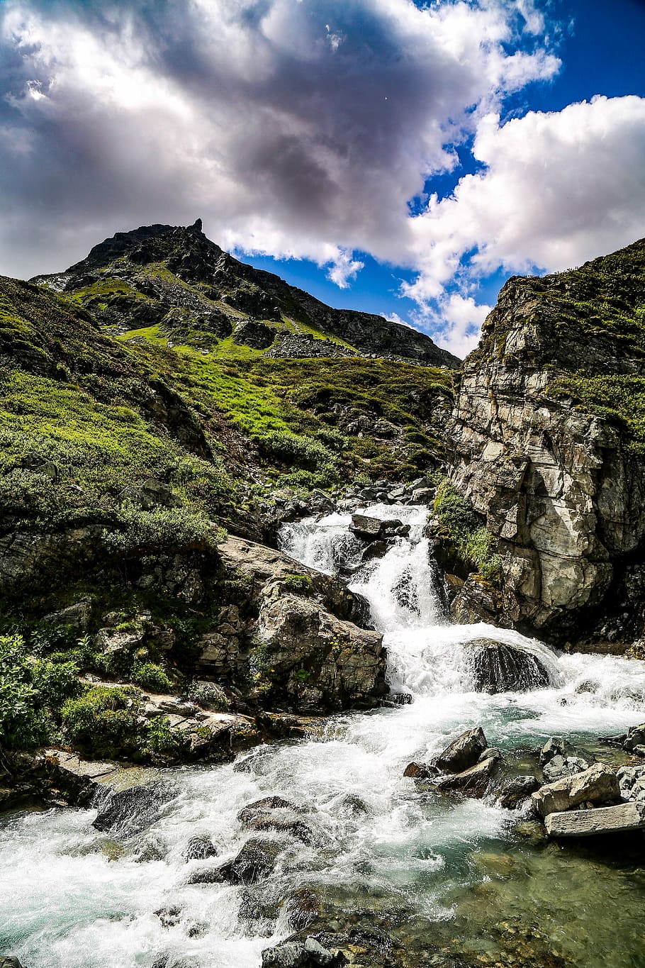 mountain, sky, water, clouds, blue, landscape, nature, outlook HD wallpaper