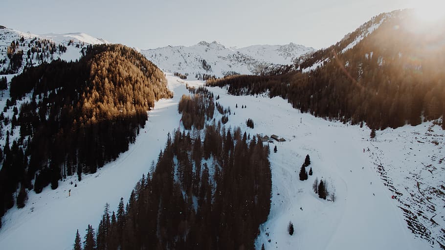 aerial view photography of snow-covered mountain during daytime, brown snow-capped mountains with trees HD wallpaper