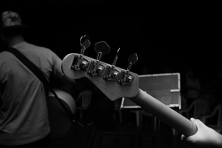 grayscale photography of person carrying guitar, person holding guitar, HD wallpaper