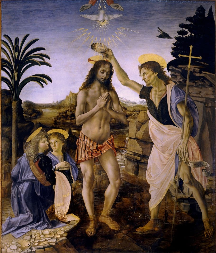 baptism of christ, leonardo de vinci, andrea del verrocchio, saint jean baptist, jesus, 1472-1475, HD wallpaper