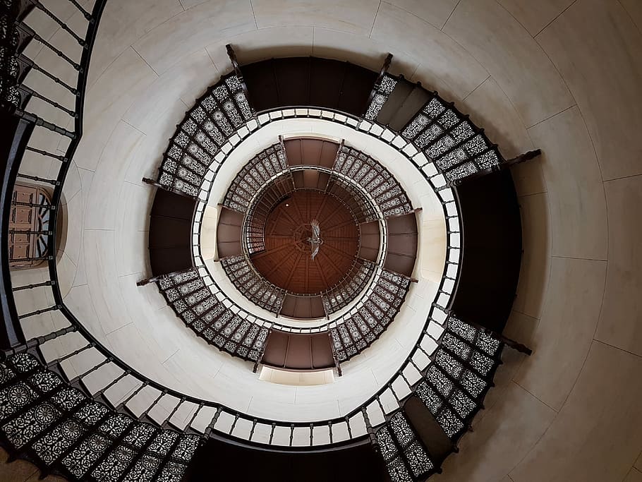 worm's-eye view photography of spiral stairs, spiral staircase with black handrails, HD wallpaper