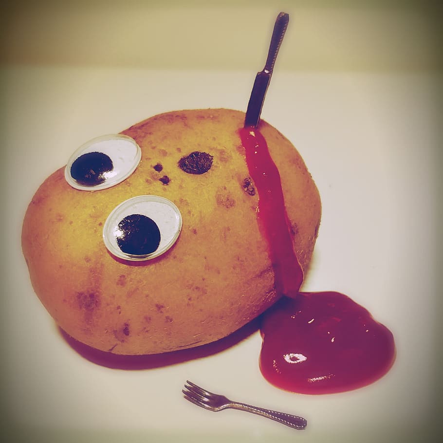 potatoes, ketchup, murder, blood, funny, knife, kill, fork, HD wallpaper