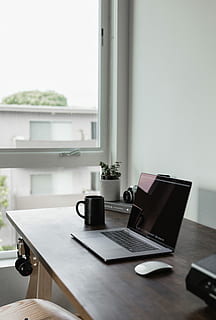 turned off laptop computer with near wall, turn off laptop and black mug on desk HD wallpaper