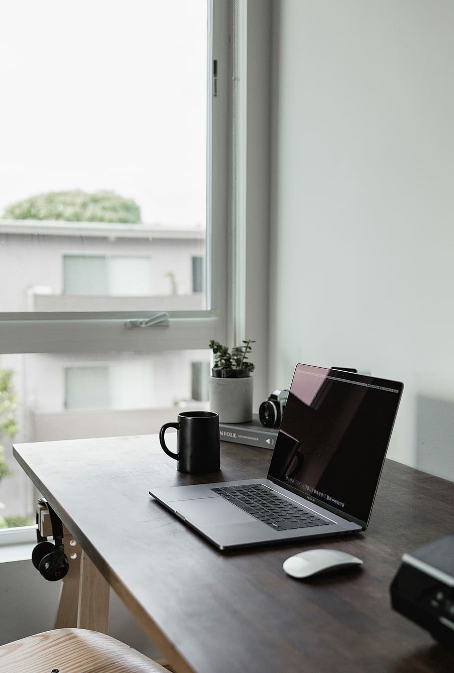 turned off laptop computer with near wall, turn off laptop and black mug on desk HD wallpaper