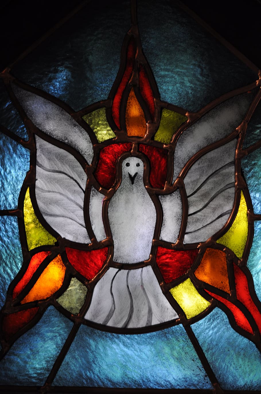 white and red bird stained glass, tiffany glass, the holy spirit