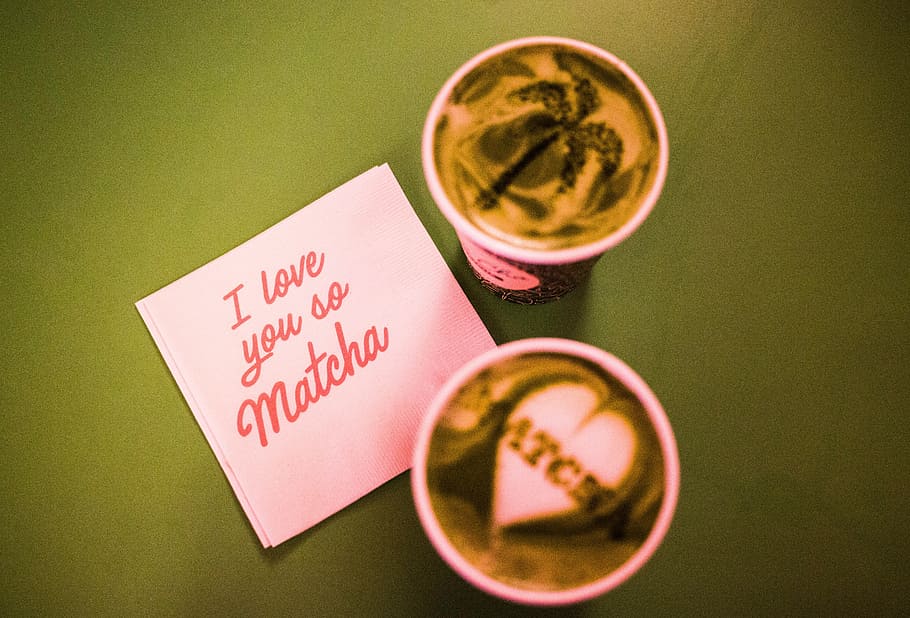 two matcha coffees, paper with matcha text between two espresso cups HD wallpaper