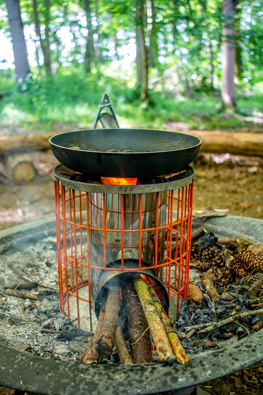 HD wallpaper: camping, fire, campfire, pan, sausage, stove, heat