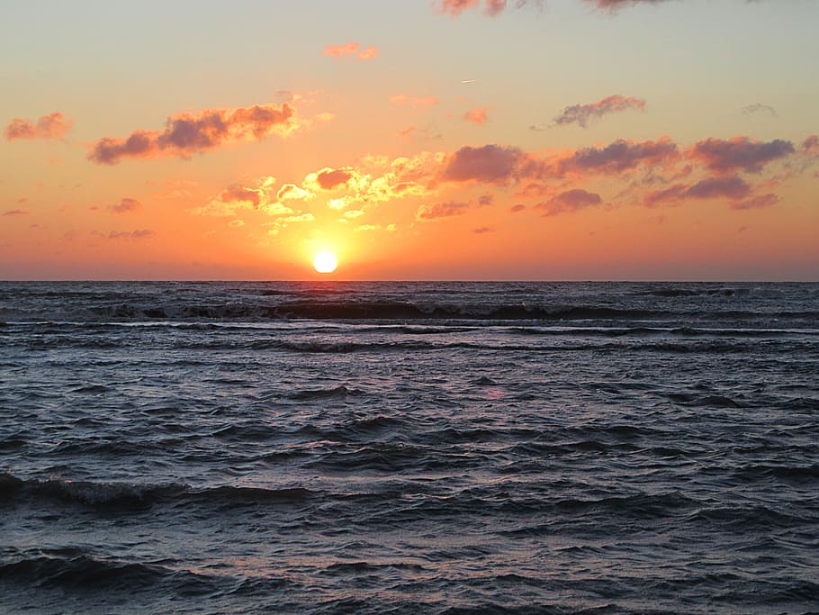 Sea, Setting Sun, Sunset, Water, colorful sunset, beach, brand HD wallpaper