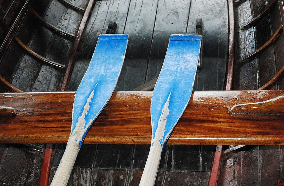 blue paddle on black boat, oars, boating, canoe, river, lake HD wallpaper