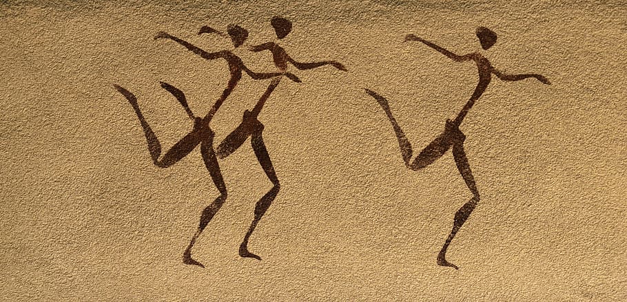 pyrography of three dancing humans, mural, wall, background HD wallpaper