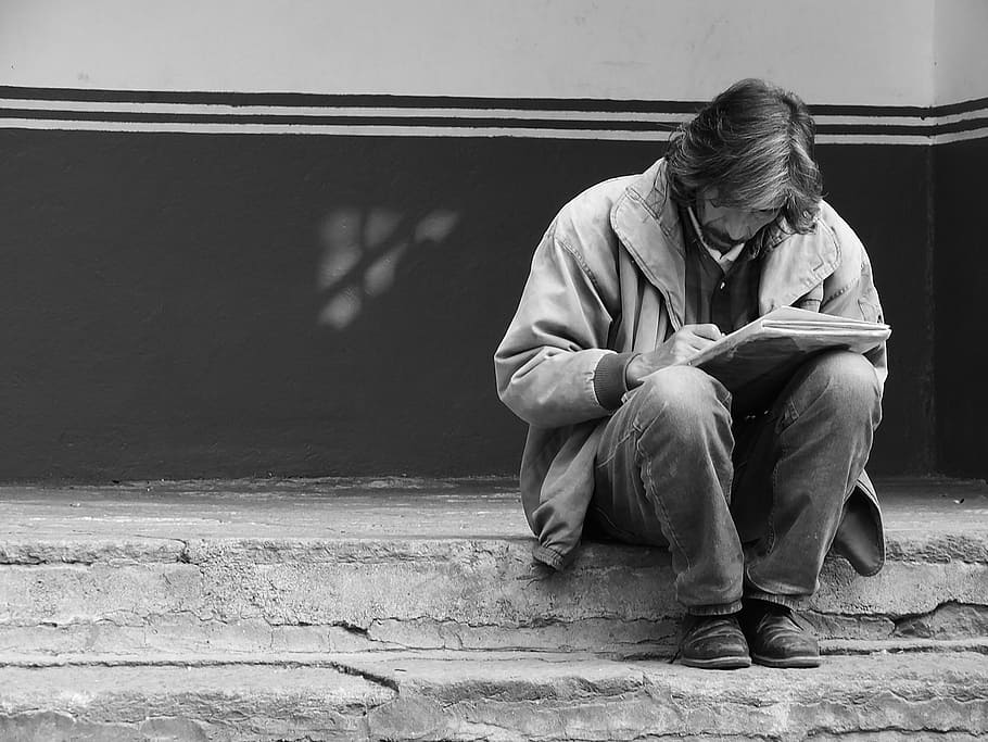 man holding book in grayscale photography, painter, black, wall HD wallpaper