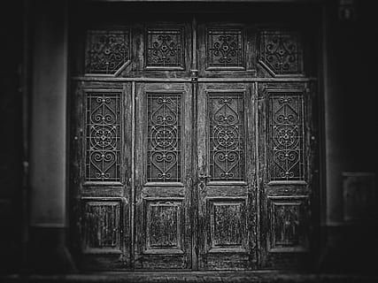 grayscale photography of wooden doors, wallpaper, background HD wallpaper
