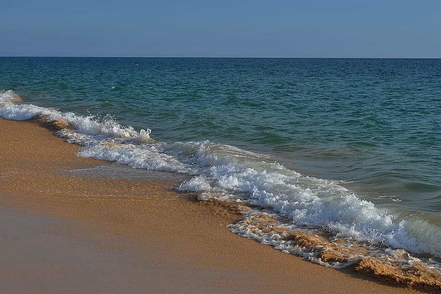 waters, sea, coast, beach, wave, portugal, sand, horizon, land HD wallpaper