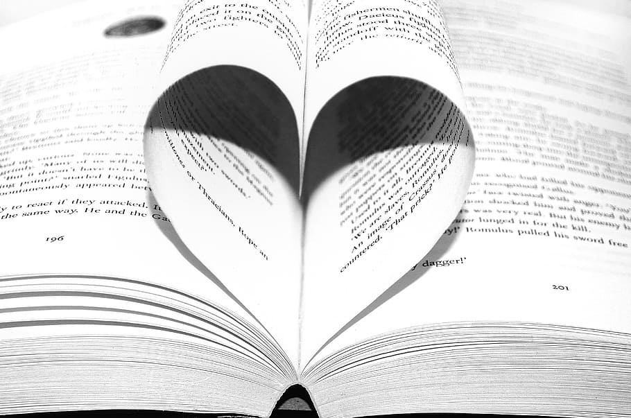 book page folded in heart shape, books, textbooks, library, illustrations