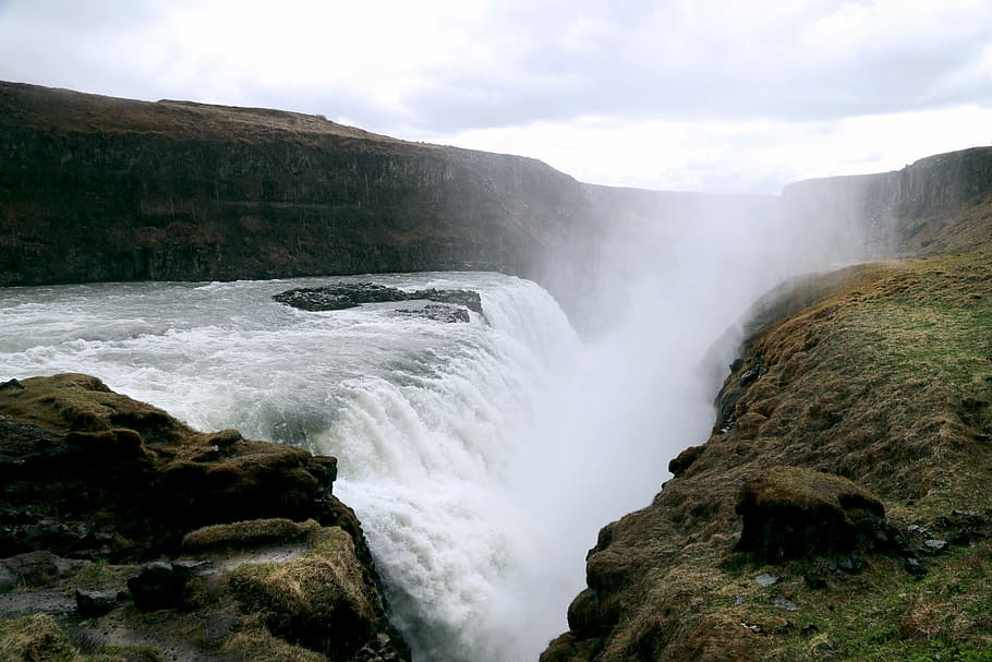 landscape photograph of waterfall, brown, grass, gray, green HD wallpaper