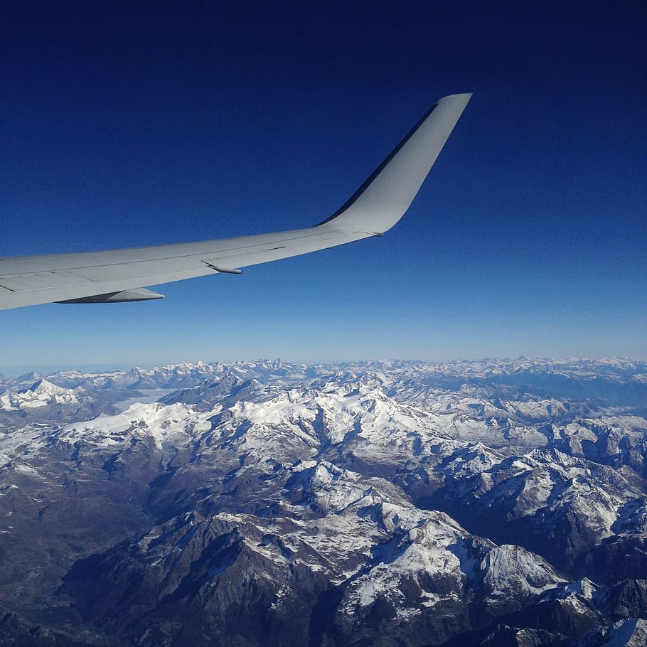 alps, trip, window seat, fly, flight, mountains, plane, sky, HD wallpaper
