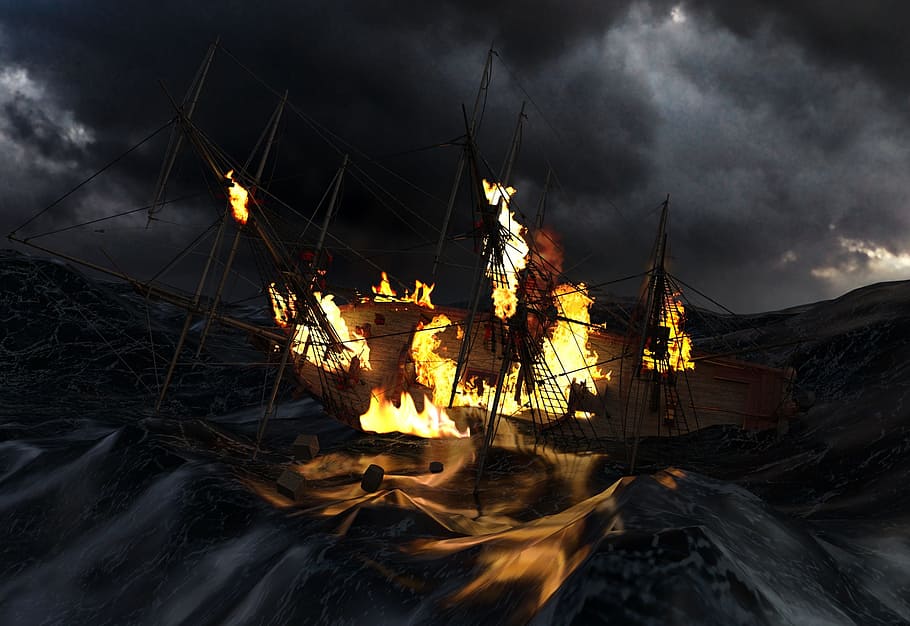 ship, fallen, fire, disaster, setting, sea, ocean, forward HD wallpaper