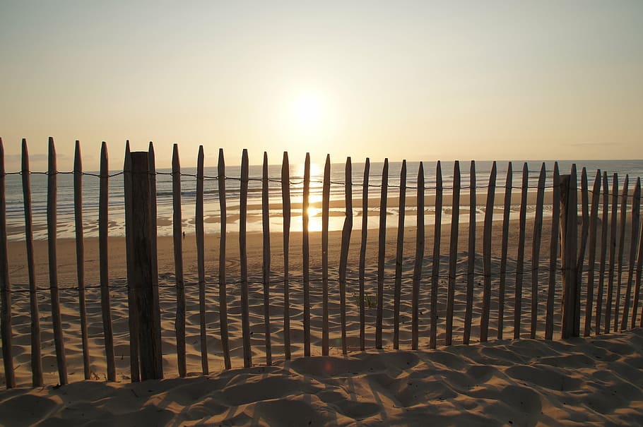 sunset, fence, ocean, biscarrosse, sea, atlantic, dune, relax HD wallpaper