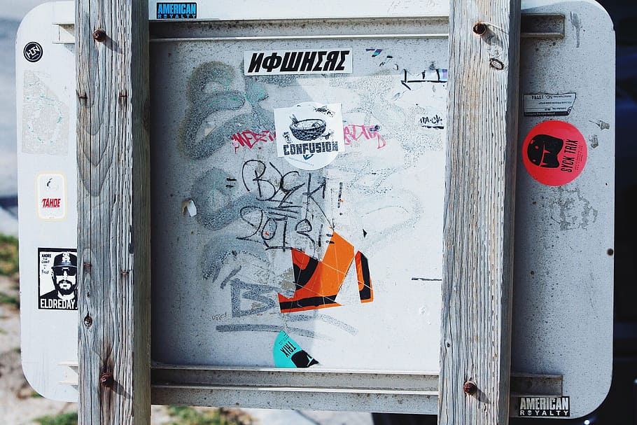 advertisements, box, door, gate, graffiti, metal frame, outdoors HD wallpaper