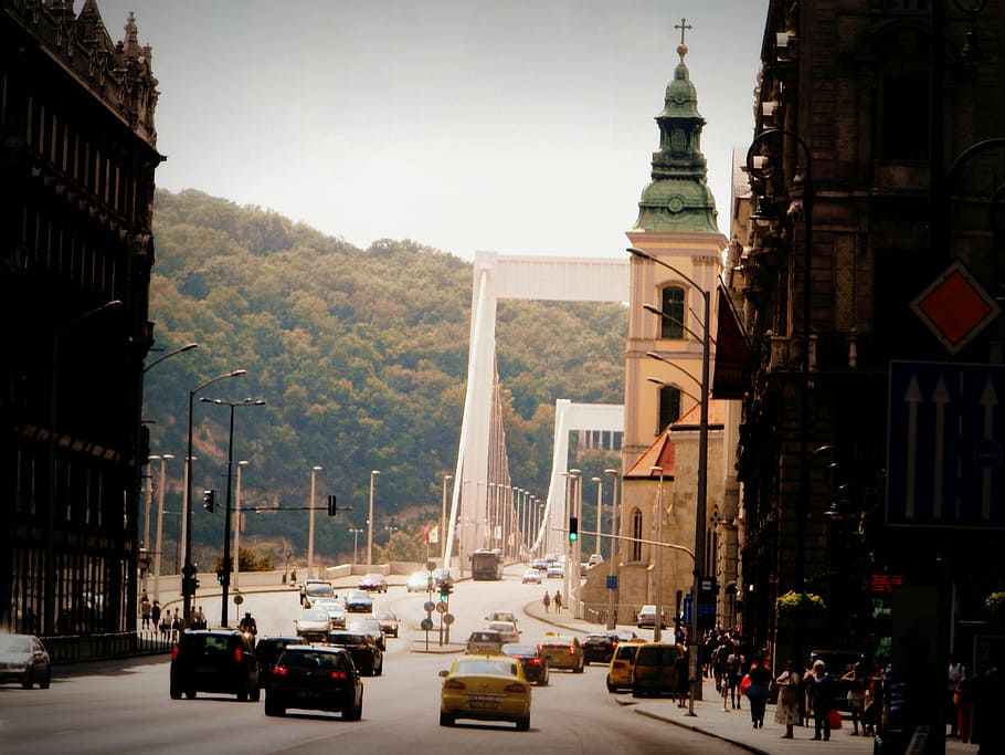 budapest, bridge, building, car, architecture, building exterior HD wallpaper