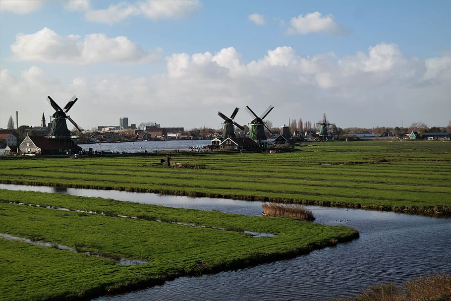 windmills, landscape, clouds, sky, nature, rural, mood, field HD wallpaper