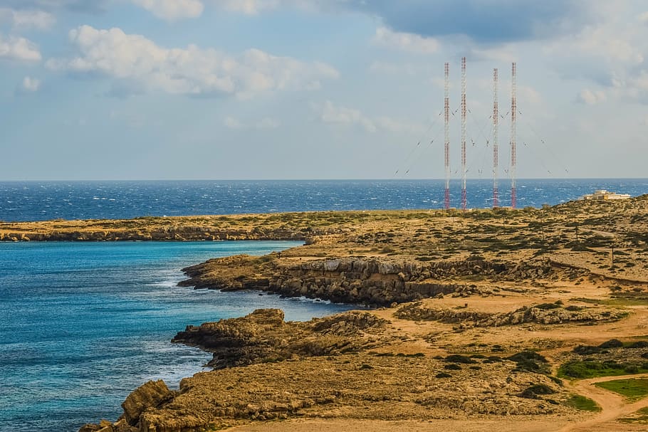 coastline, scenery, sea, landscape, antennas, cavo greko, cyprus HD wallpaper